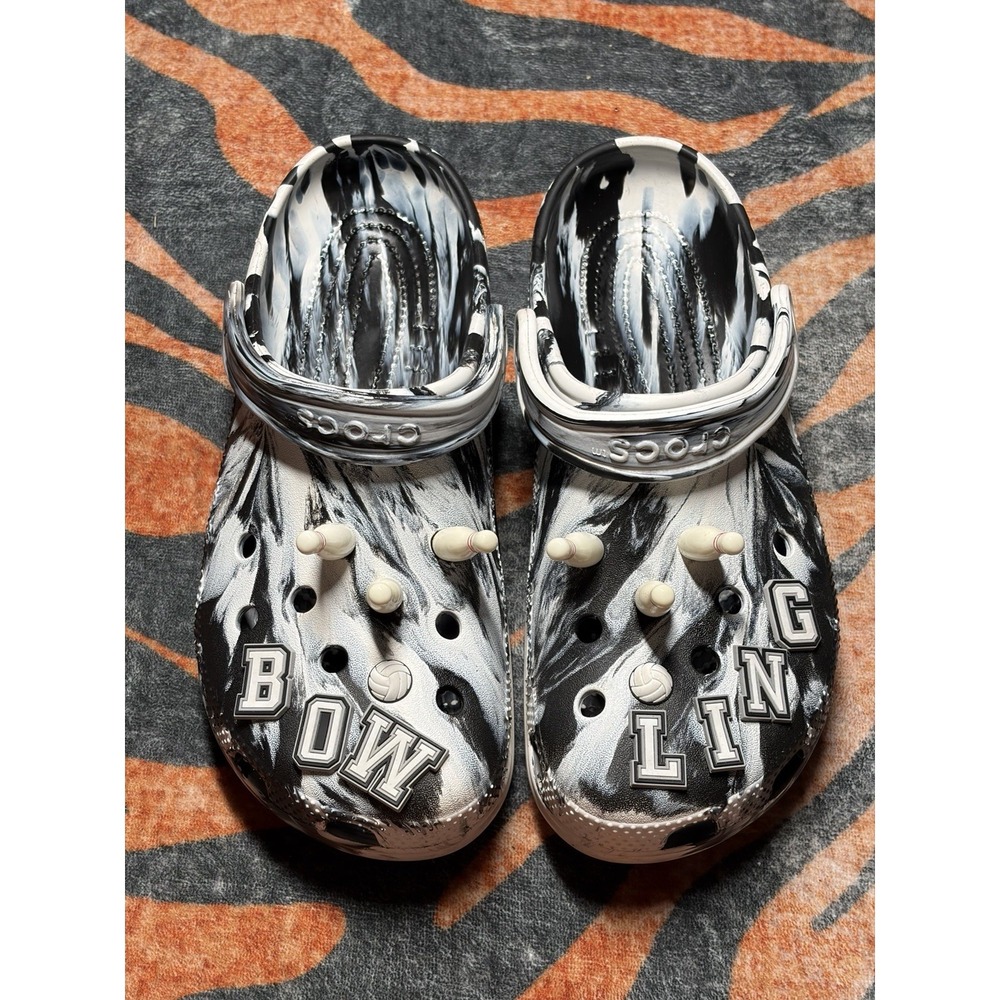 Crocs Classic Marbled Clog - White/Black "Bowling" Themed, Size 11, (15) Charms